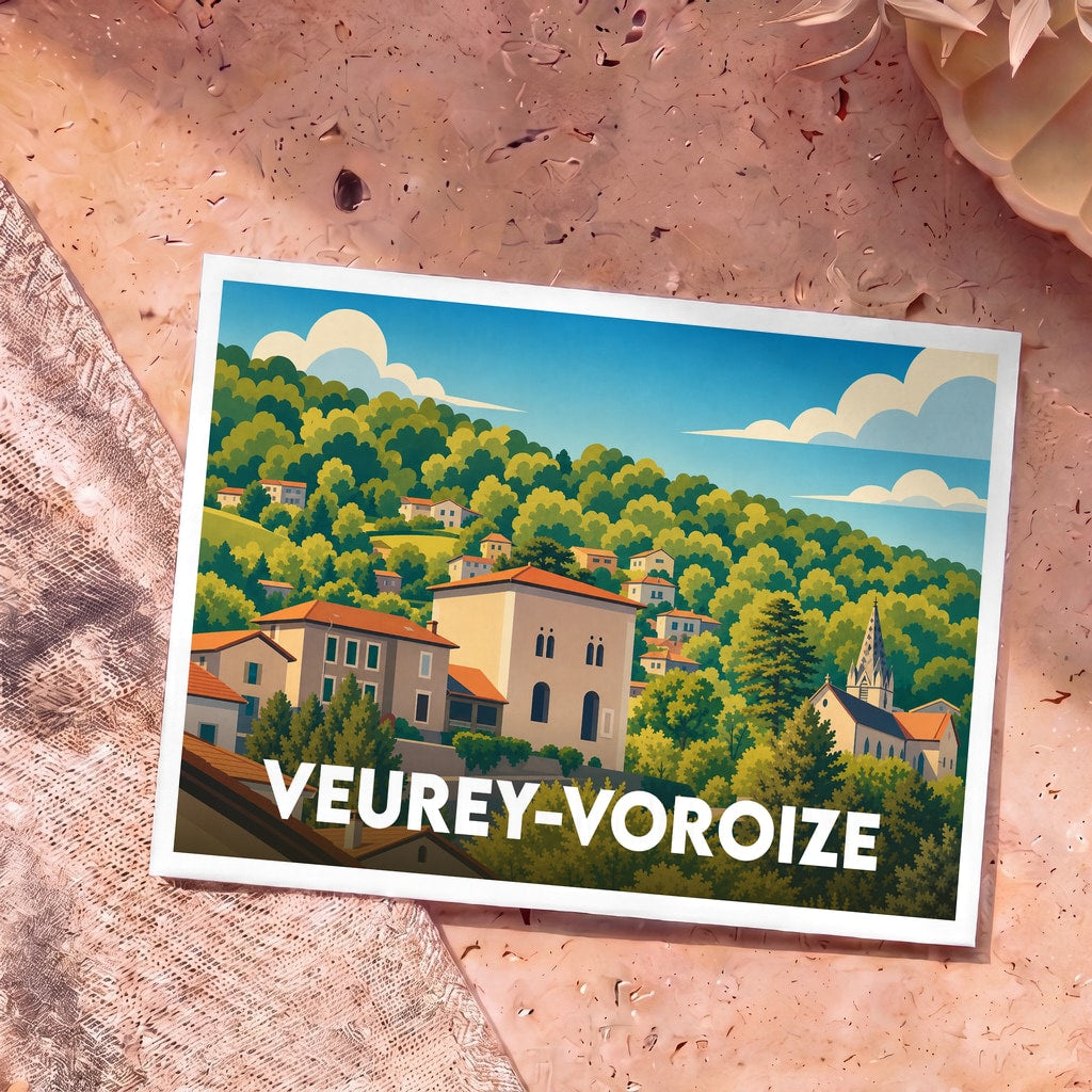 Carte postale souvenir de la ville de Veurey-Voroize avec une illustration stylisée et colorée.