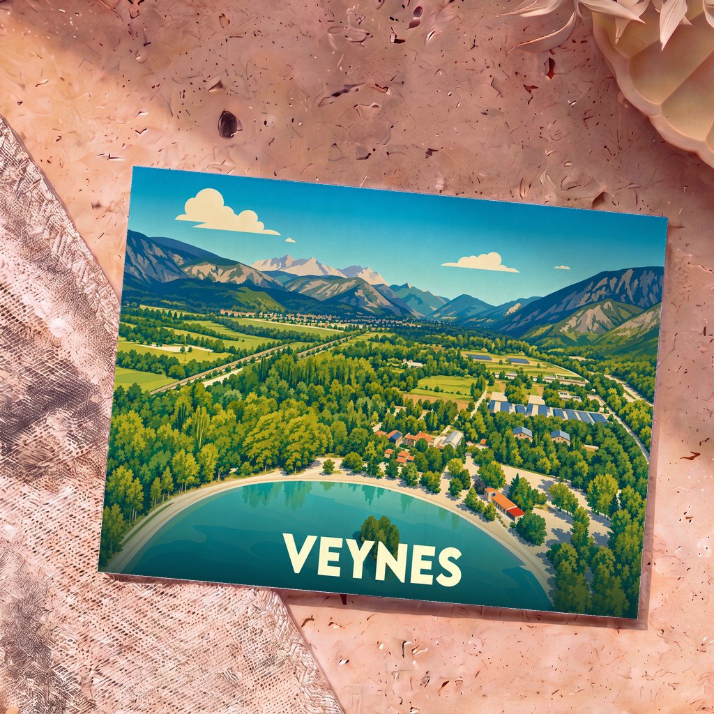 Carte postale souvenir de la ville de Veynes avec une illustration stylisée d'un lac entouré de montagnes.
