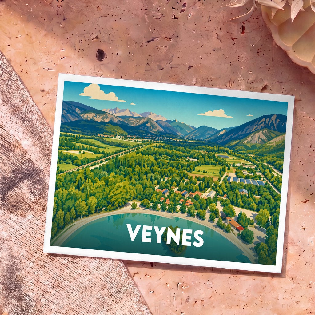 Carte postale souvenir de la ville de Veynes avec une illustration stylisée d'un lac entouré de montagnes.