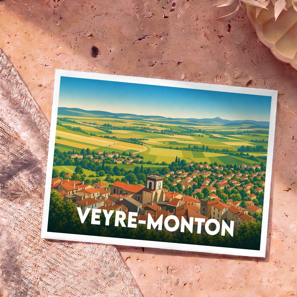 Carte postale souvenir de la ville de Veyre-Monton avec une illustration stylisée de ses paysages et de ses toitures.