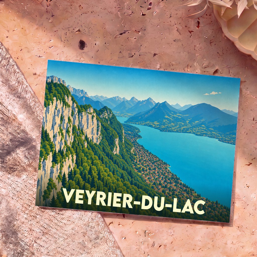 Carte postale souvenir de la ville de Veyrier-du-Lac avec une illustration stylisée du lac d'Annecy et de ses montagnes.