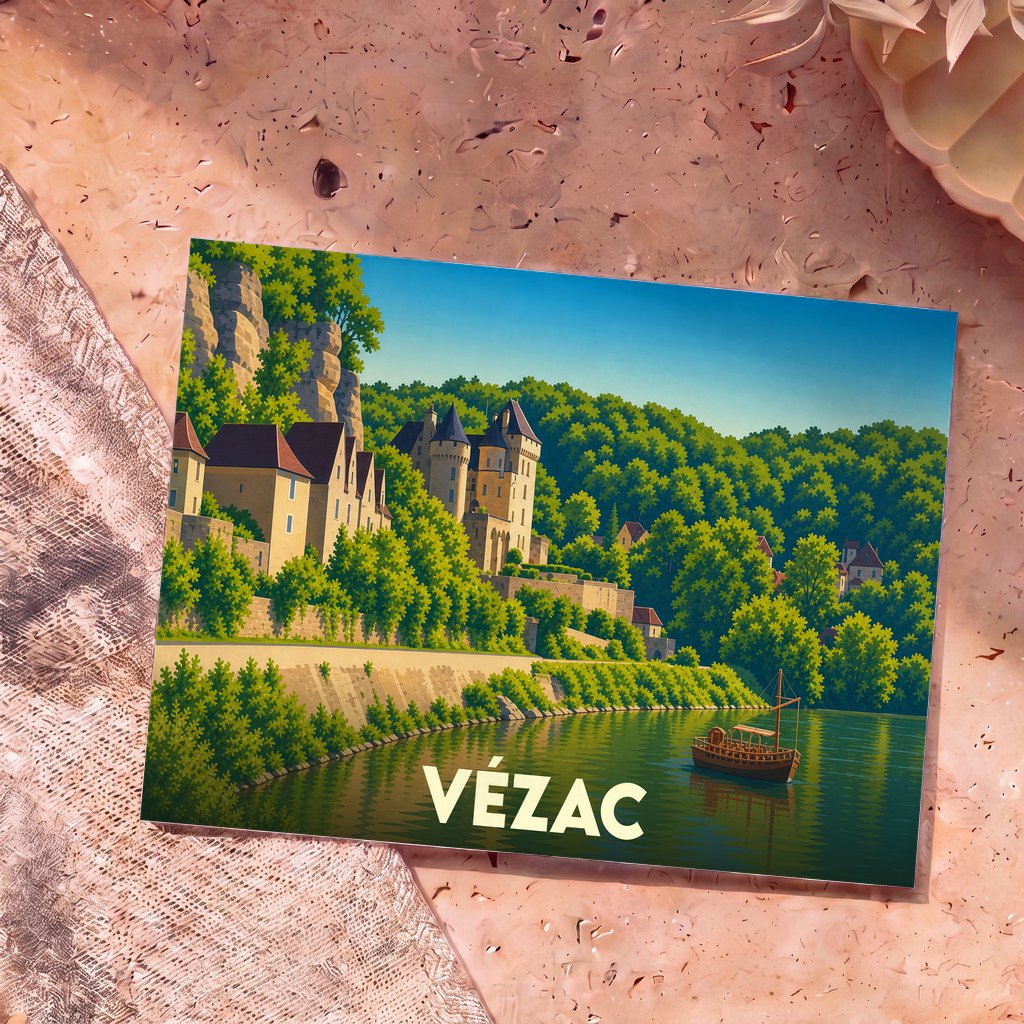 Carte postale souvenir de la ville de Vézac avec une illustration stylisée d'un château en bord de rivière.
