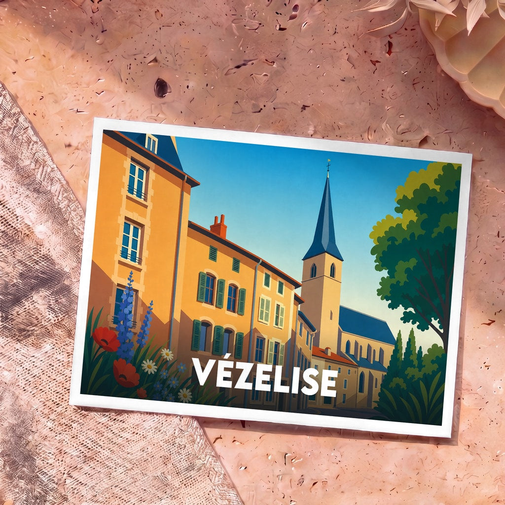 Carte postale souvenir de la ville de Vézelise avec une illustration stylisée et colorée de ses bâtiments historiques.