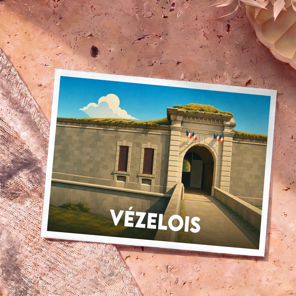 Carte postale souvenir de la ville de Vézelois représentant l'entrée fortifiée de son fort dans un style illustré.