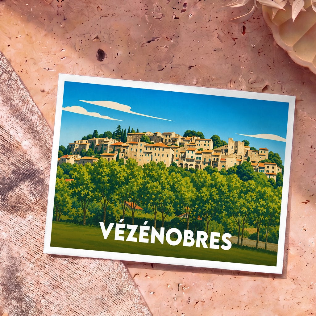 Carte postale souvenir de la ville de Vézénobres avec une illustration stylisée de son village perché.
