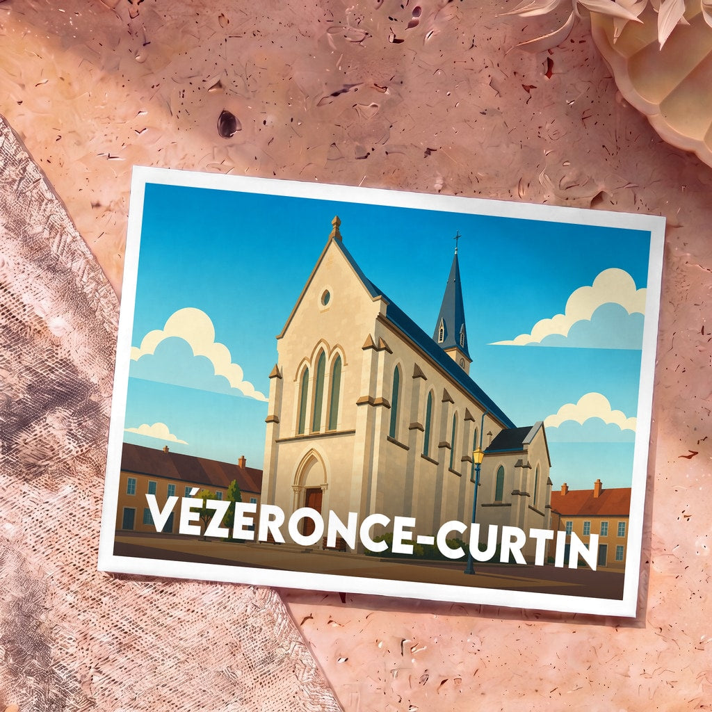 Carte postale souvenir de la ville de Vézeronce-Curtin avec une illustration stylisée de son église sous un ciel bleu.