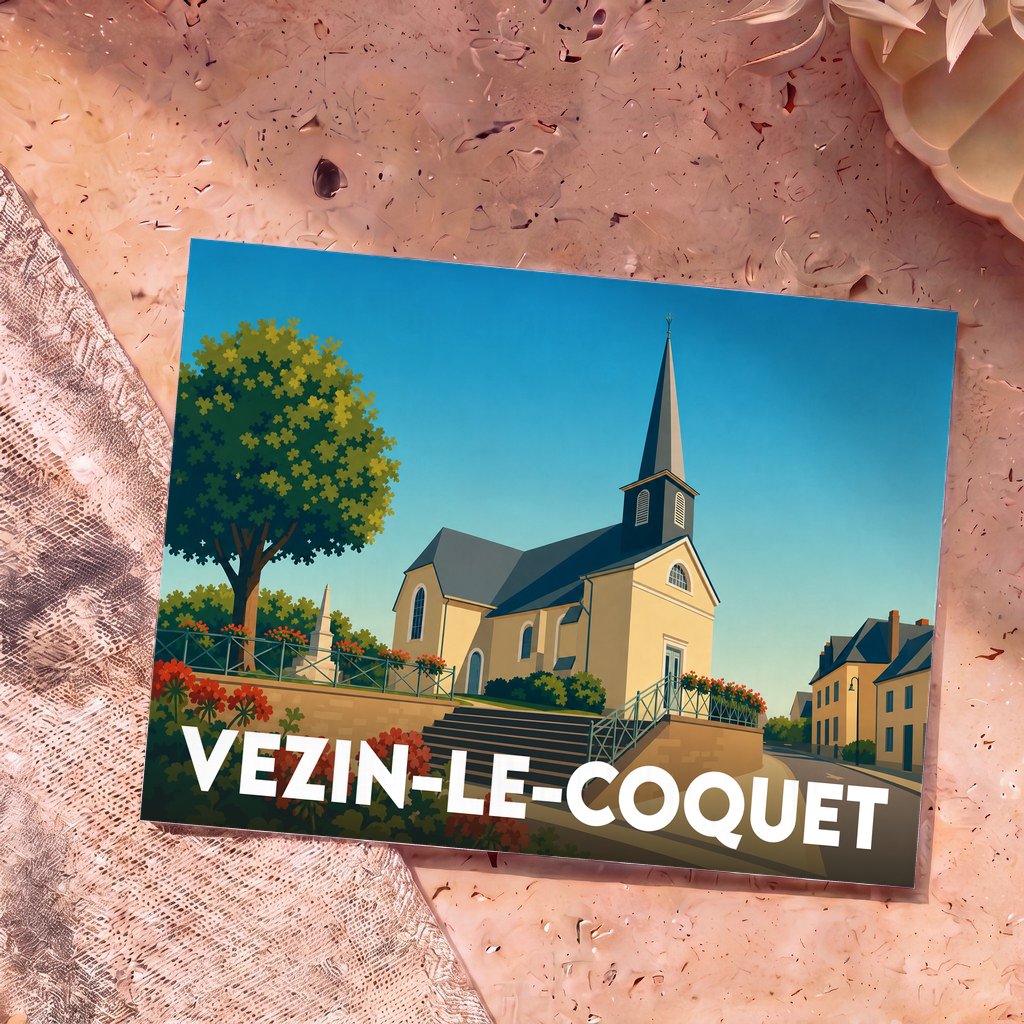 Carte postale souvenir de la ville de Vezin-le-Coquet avec une illustration stylisée de son église.