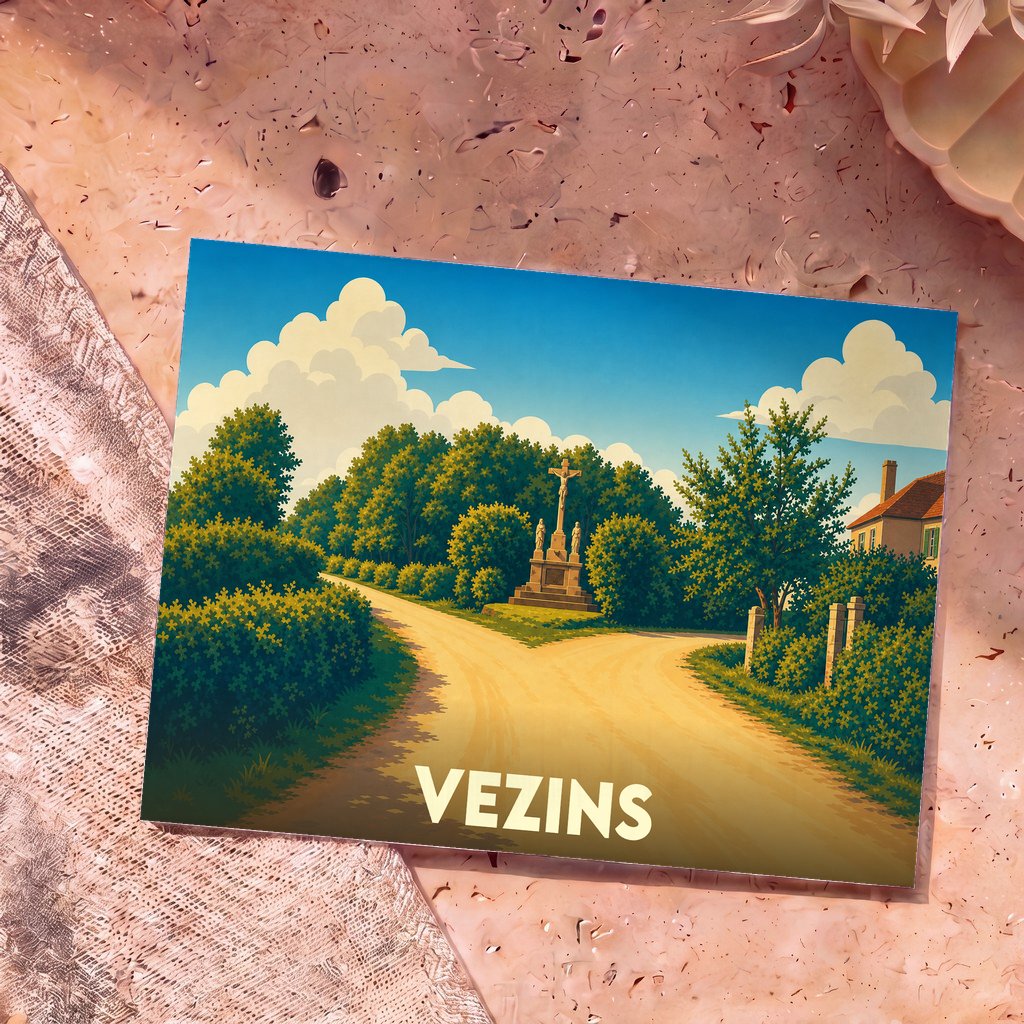 Carte postale souvenir de la ville de Vezins illustrant un calvaire à la croisée de deux chemins dans un style rétro.