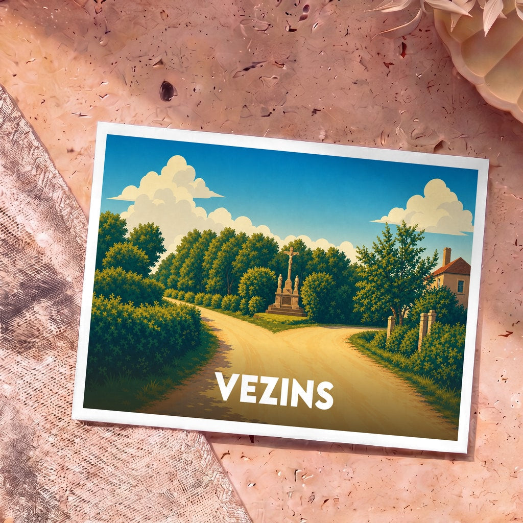 Carte postale souvenir de la ville de Vezins illustrant un calvaire à la croisée de deux chemins dans un style rétro.