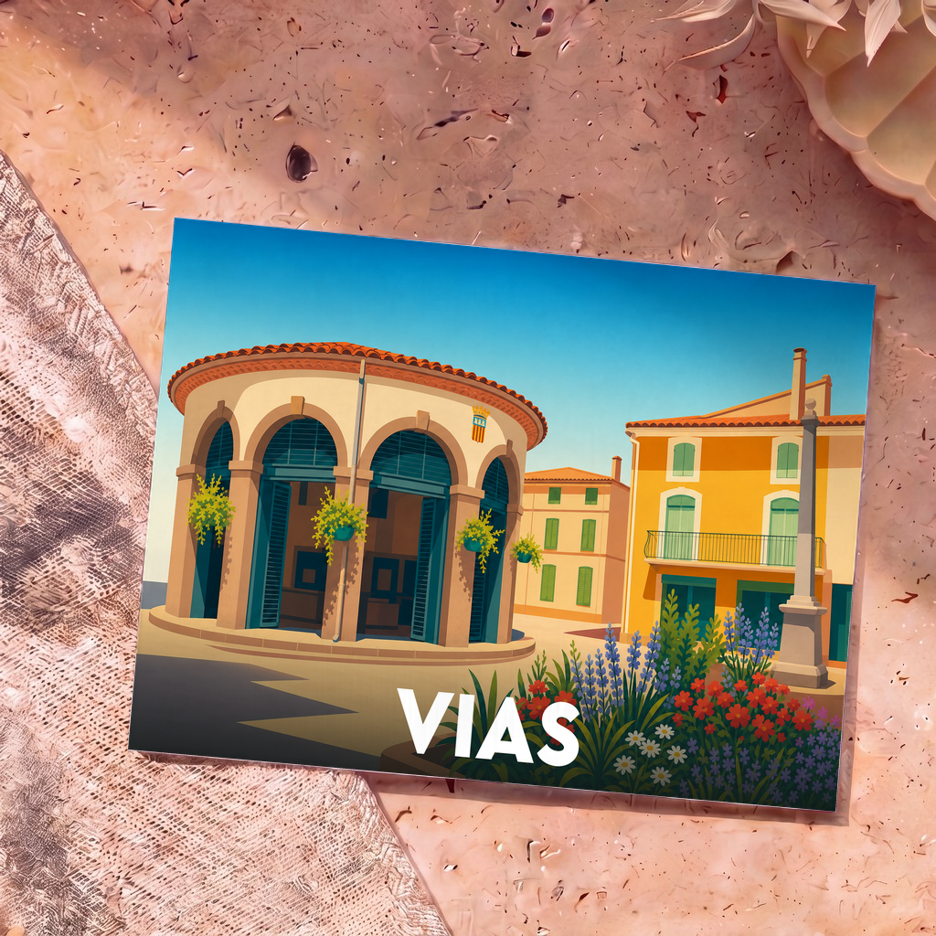 Carte postale souvenir de la ville de Vias avec une illustration stylisée de ses bâtiments colorés et fleuris.