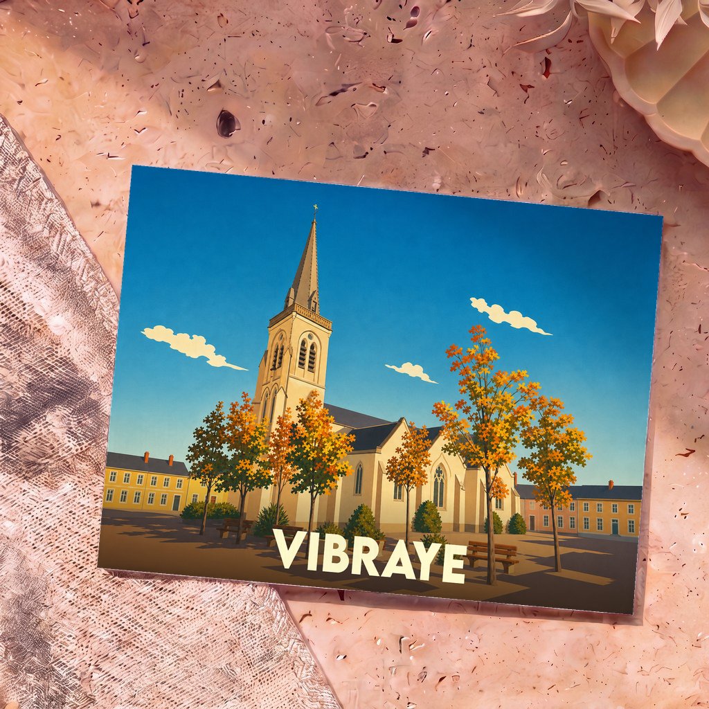 Carte postale souvenir de la ville de Vibraye avec une illustration stylisée de son église entourée d'arbres d'automne.