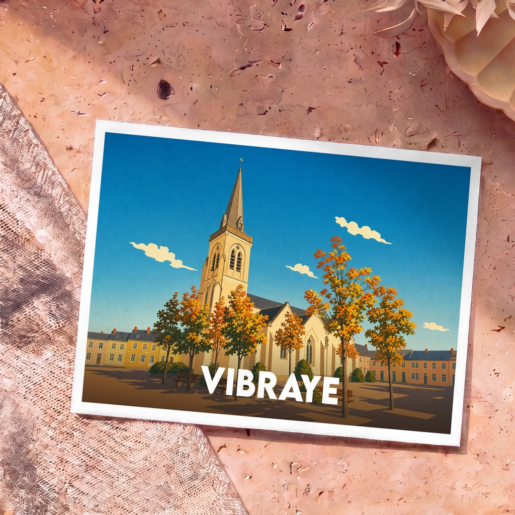 Carte postale souvenir de la ville de Vibraye avec une illustration stylisée de son église entourée d'arbres d'automne.