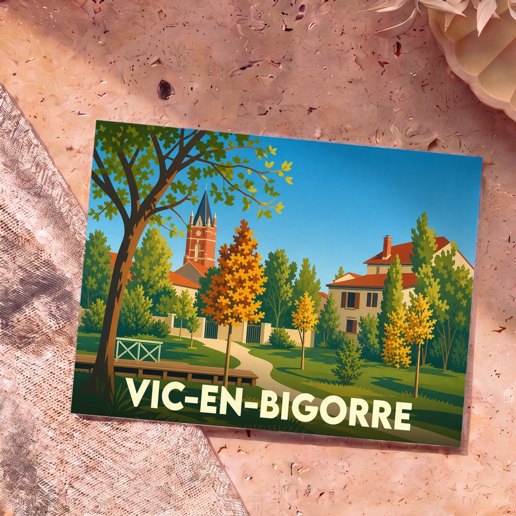 Carte postale souvenir de la ville de Vic-en-Bigorre illustrant un parc arboré avec son église en arrière-plan.