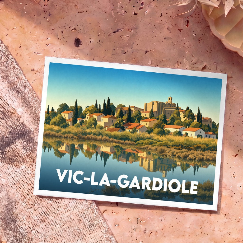 Carte postale souvenir de la ville de Vic-la-Gardiole avec une illustration stylisée d'un village se reflétant dans l'eau.
