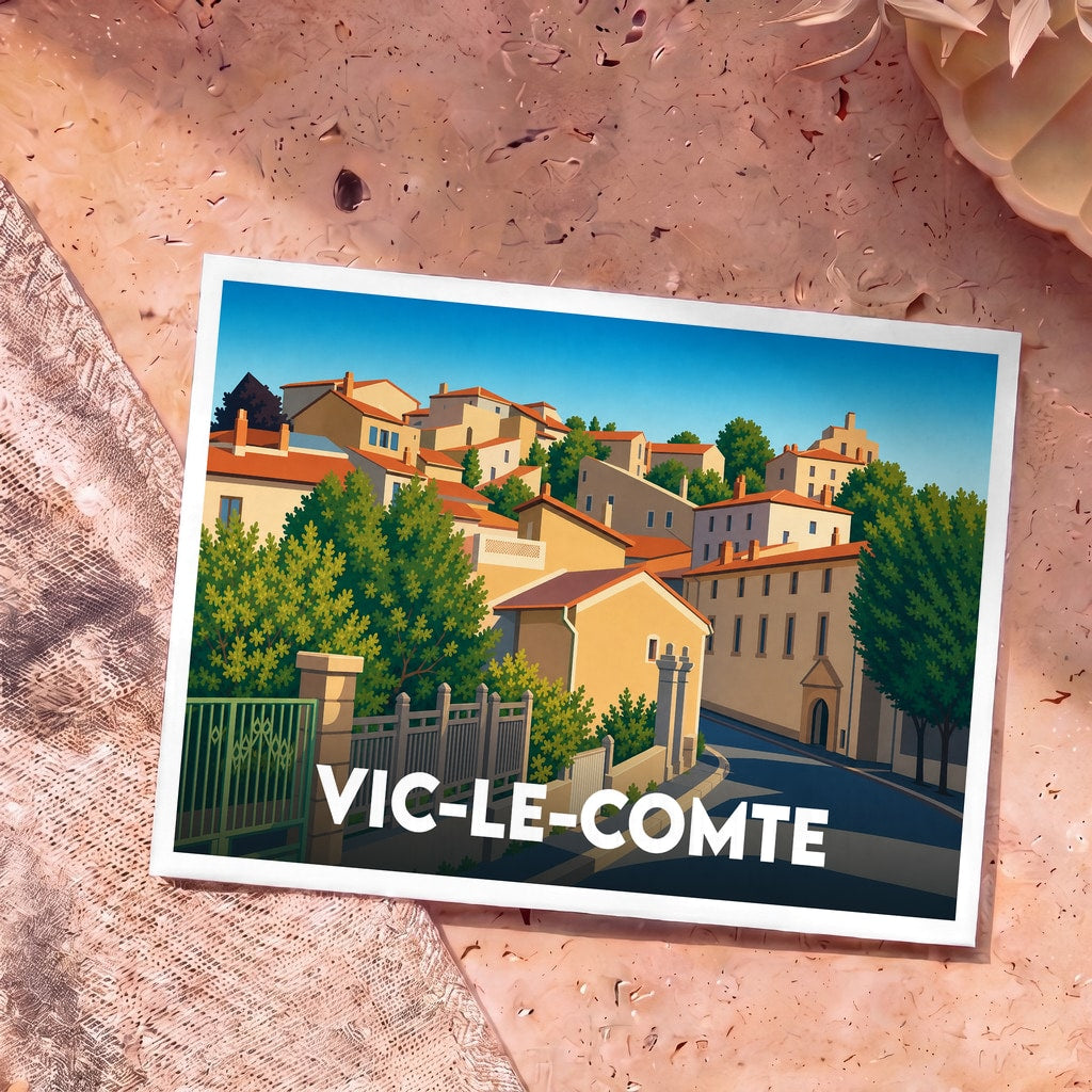 Carte postale souvenir de la ville de Vic-le-Comte avec une illustration stylisée de ses rues et maisons ensoleillées.