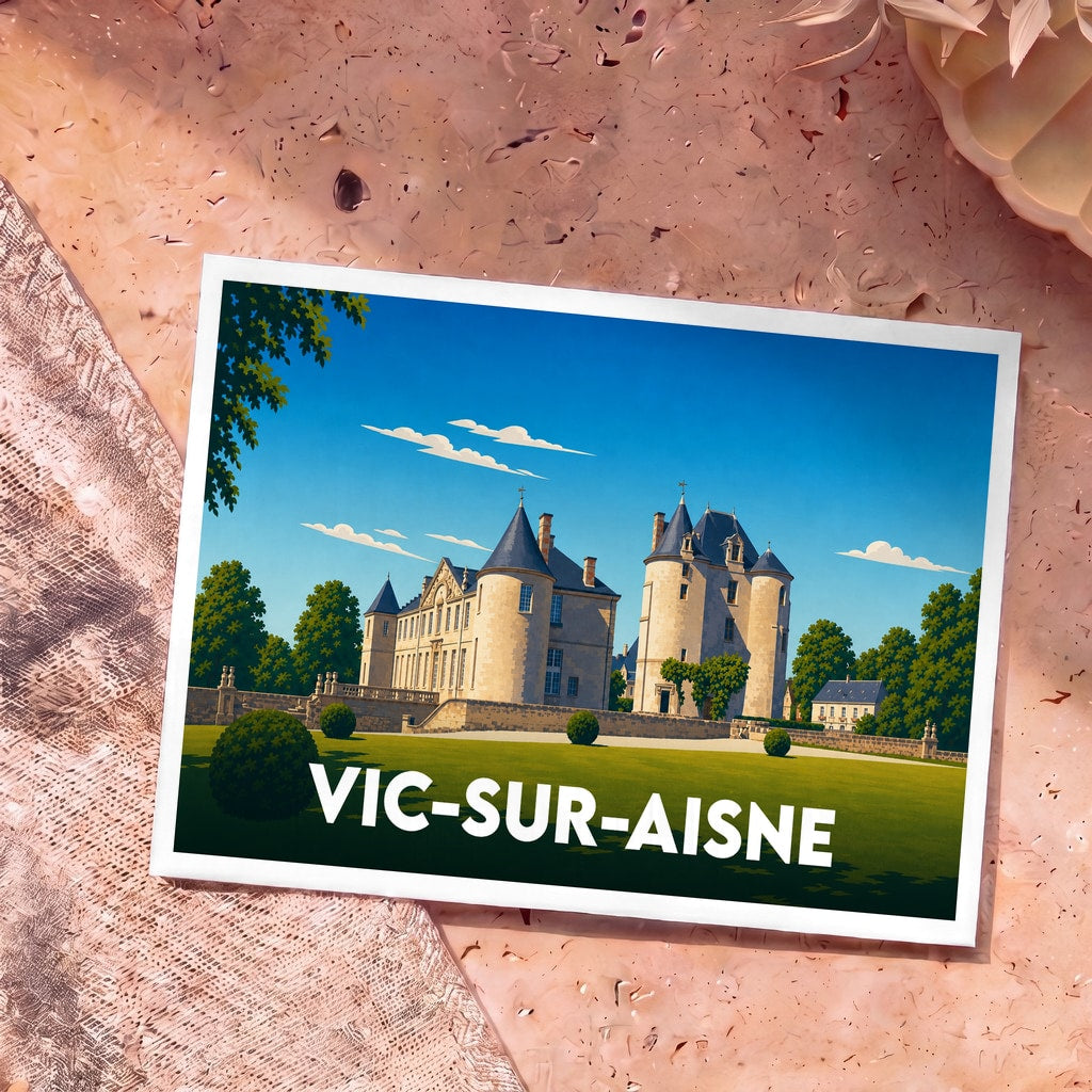 Carte postale souvenir de la ville de Vic-sur-Aisne illustrant son château dans un style graphique épuré.