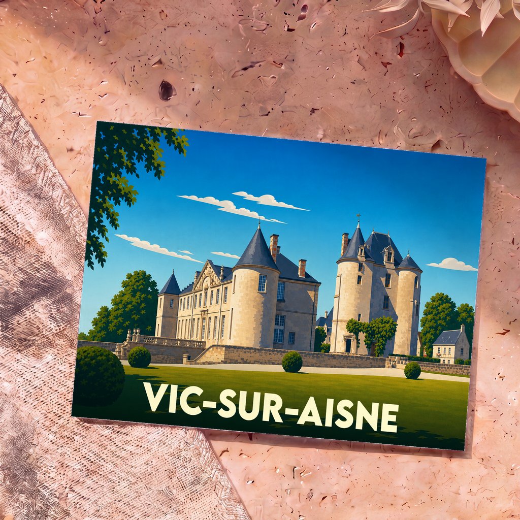 Carte postale souvenir de la ville de Vic-sur-Aisne illustrant son château dans un style graphique épuré.
