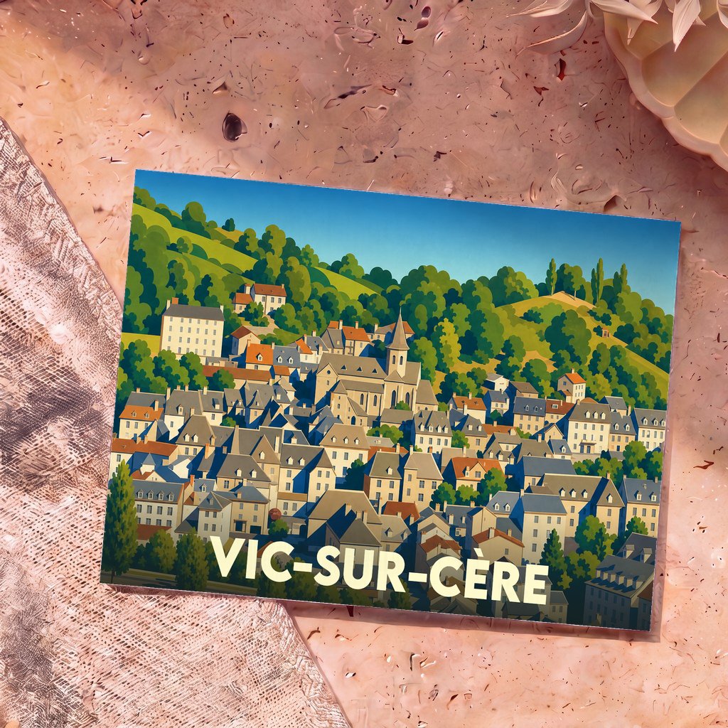 Carte postale souvenir de la ville de Vic-sur-Cère avec une illustration stylisée et colorée.