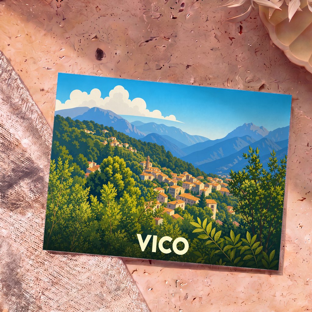 Carte postale souvenir de la ville de Vico illustrant le village niché dans des montagnes verdoyantes sous un ciel azur.