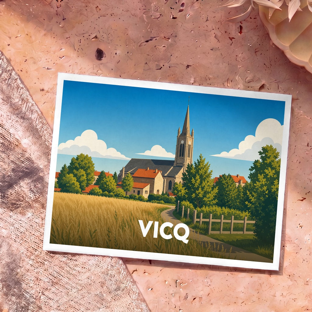 Carte postale souvenir de la ville de Vicq avec une illustration stylisée d'une église et d'un champ de blé.