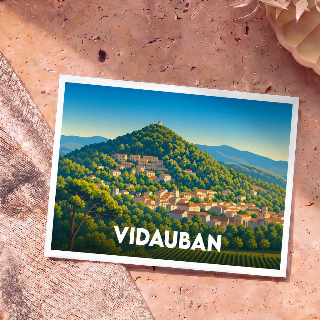 Carte postale souvenir de la ville de Vidauban illustrant un village perché et boisé dans un style rétro.