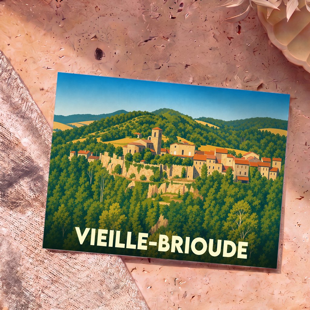 Carte postale souvenir de la ville de Vieille-Brioude avec une illustration stylisée d'un village perché.