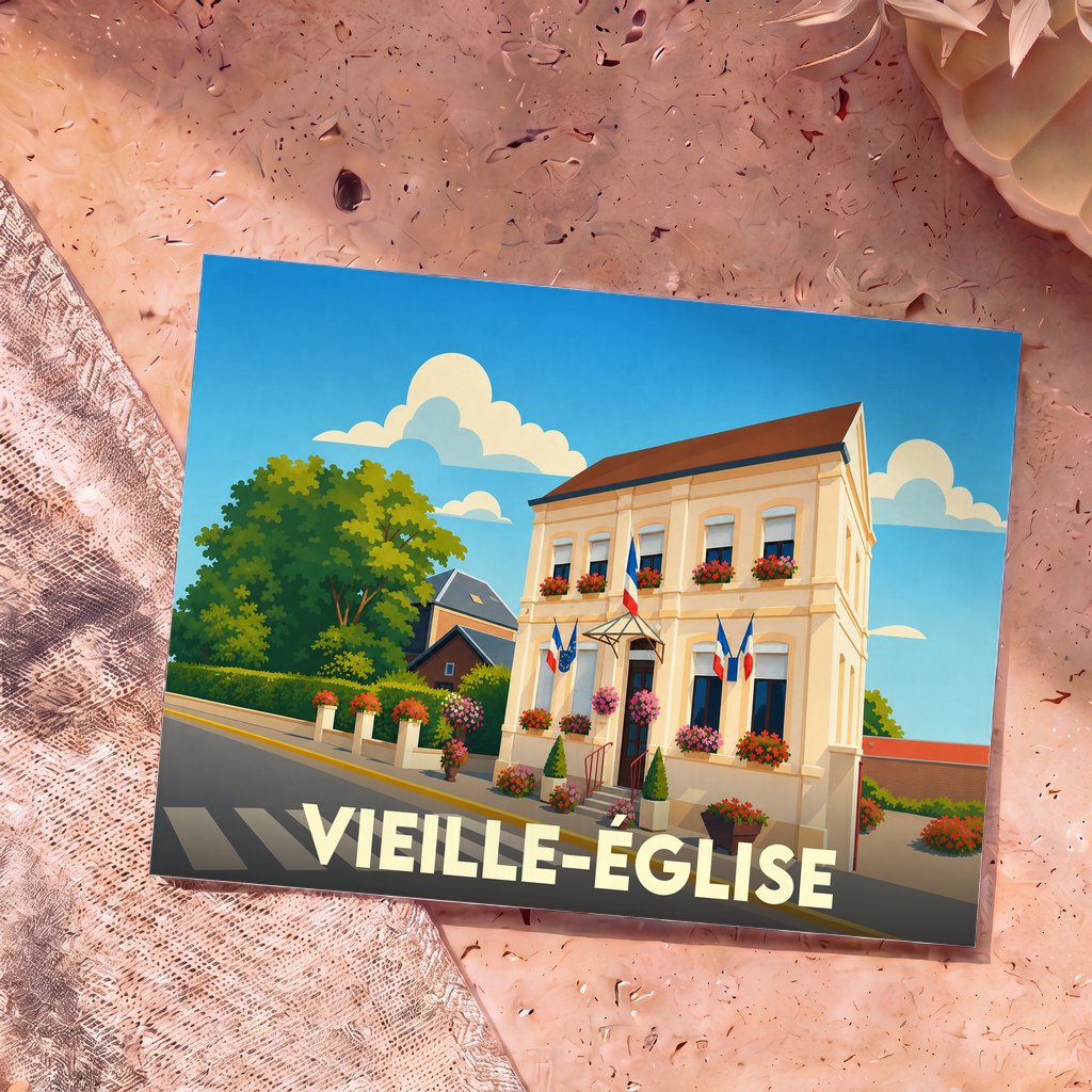 Carte postale souvenir de la commune de Vieille-Église avec une illustration stylisée de sa mairie fleurie.