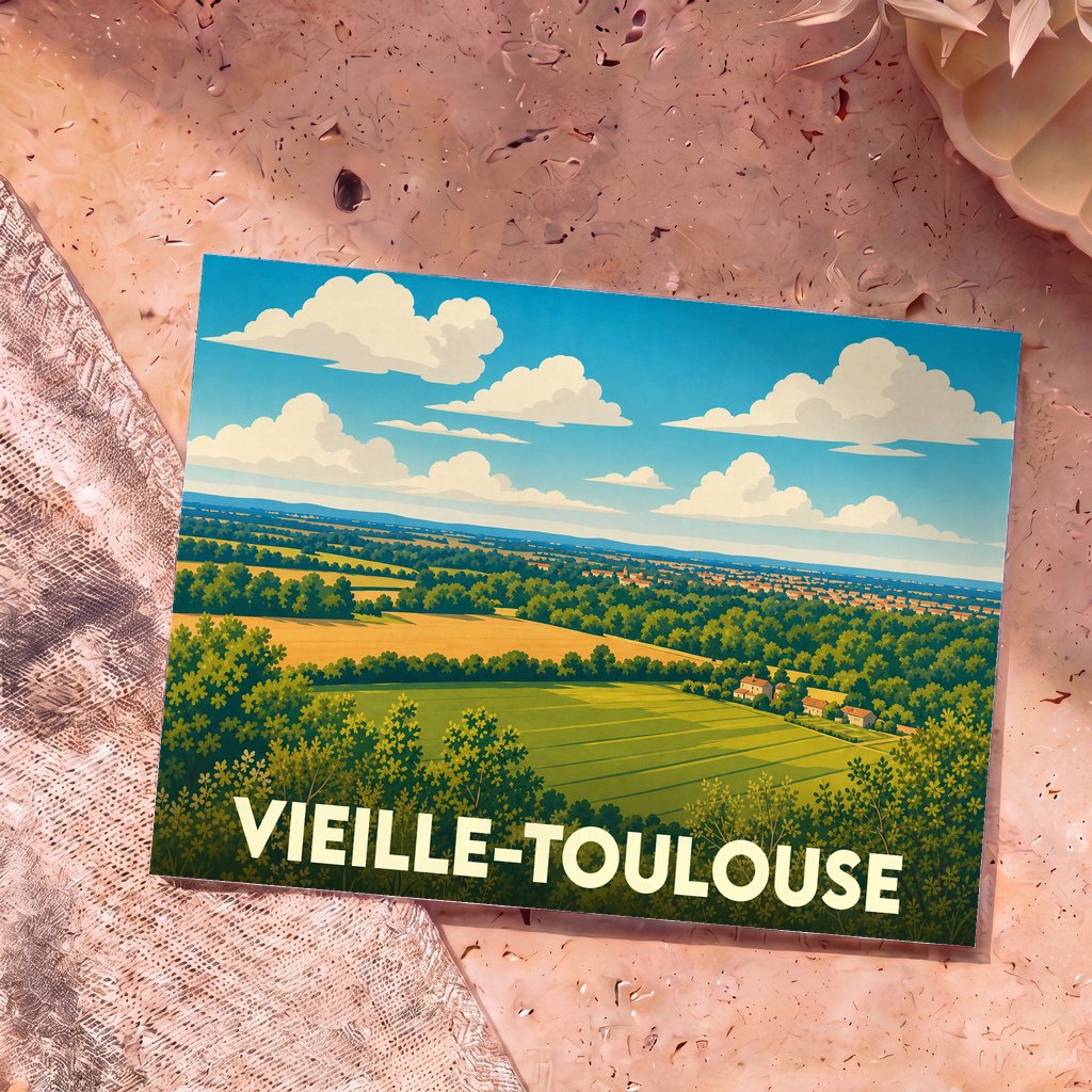 Carte postale souvenir de Vieille-Toulouse illustrant un paysage de campagne ensoleillé avec des champs et des collines boisées.