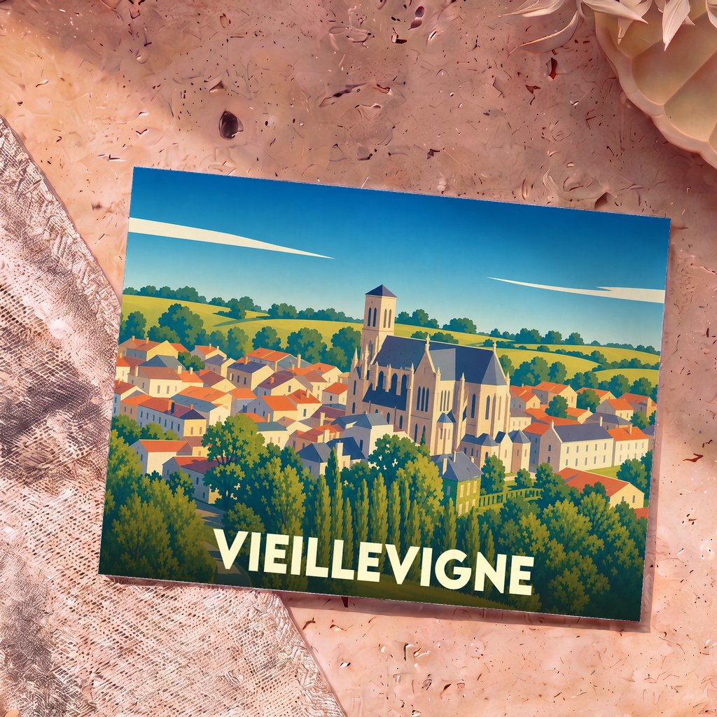 Carte postale souvenir de la ville de Vieillevigne avec une illustration stylisée.