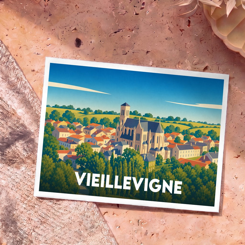 Carte postale souvenir de la ville de Vieillevigne avec une illustration stylisée d'un village pittoresque dominé par son église.