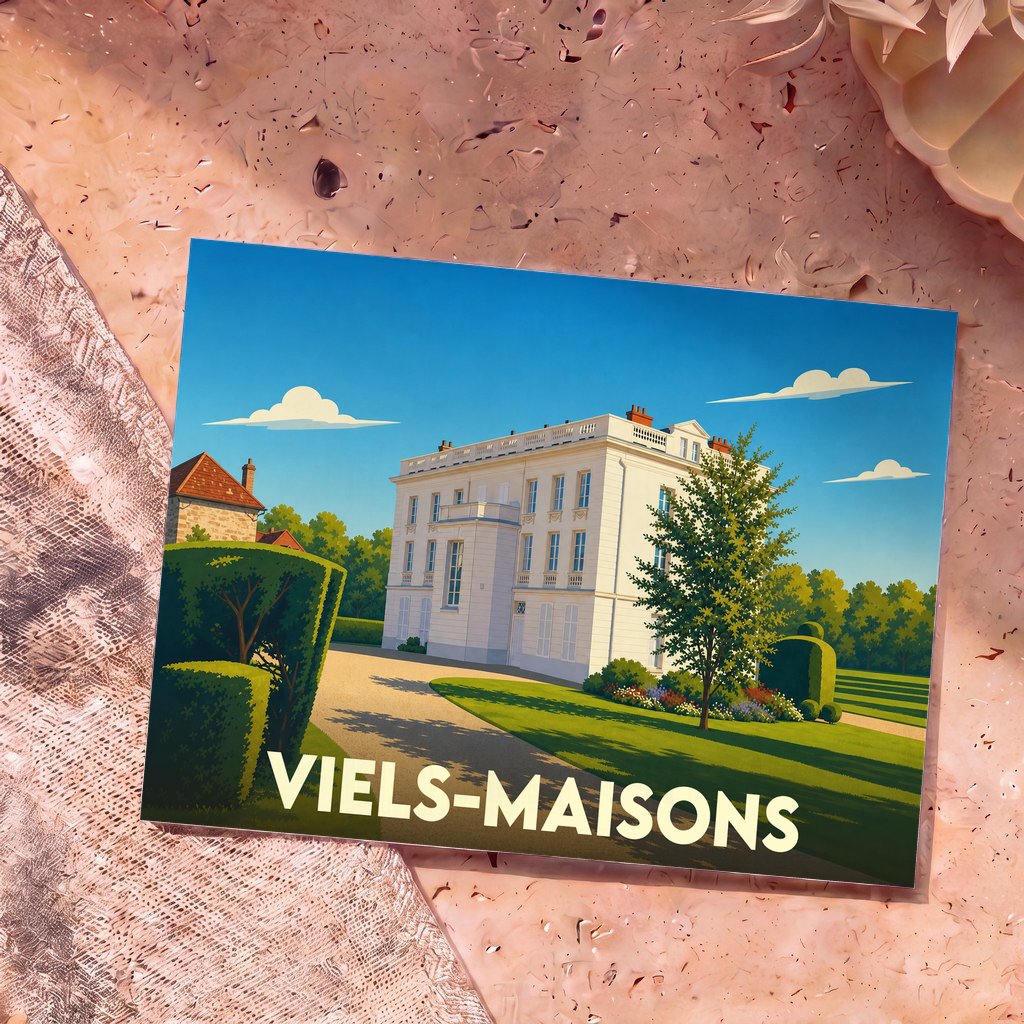 Carte postale souvenir de la ville de Viels-Maisons illustrant un château majestueux dans un style graphique épuré.