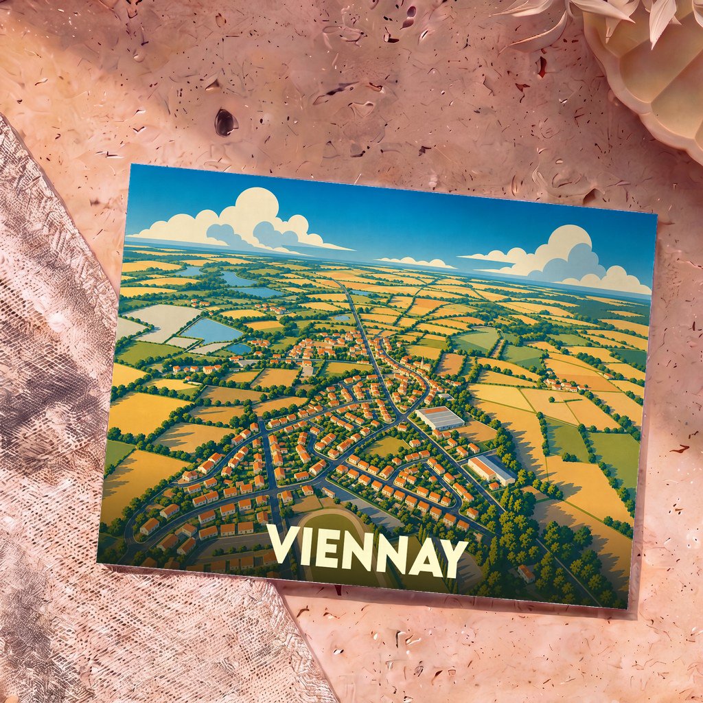 Carte postale souvenir de la ville de Viennay illustrée d'une vue aérienne stylisée de la campagne.