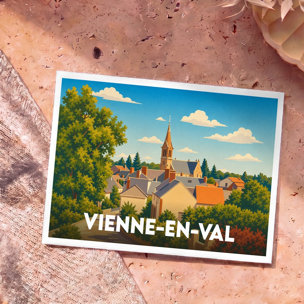 Carte postale souvenir de la ville de Vienne-en-Val avec une illustration stylisée.