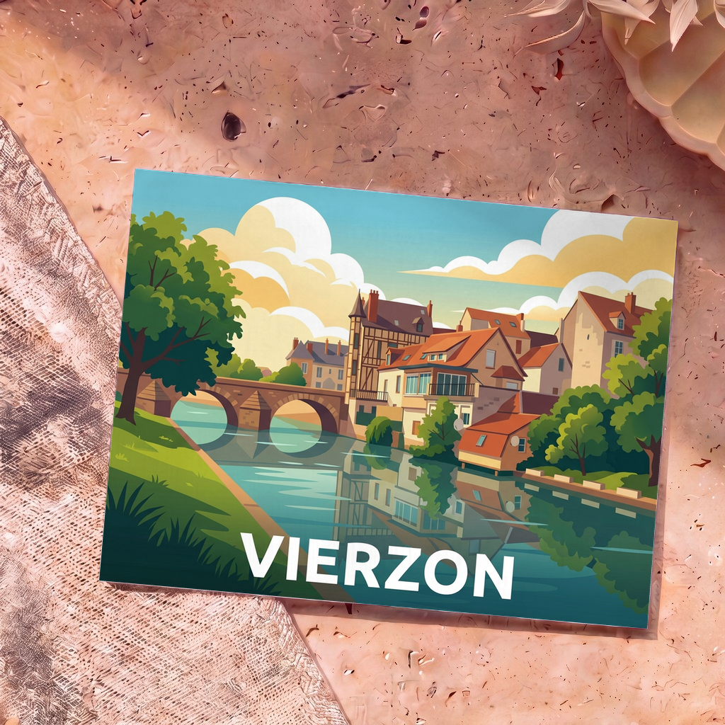 Carte postale souvenir de la ville de Vierzon avec une illustration stylisée d'un pont en pierre et de maisons à colombages au bord de l'eau.