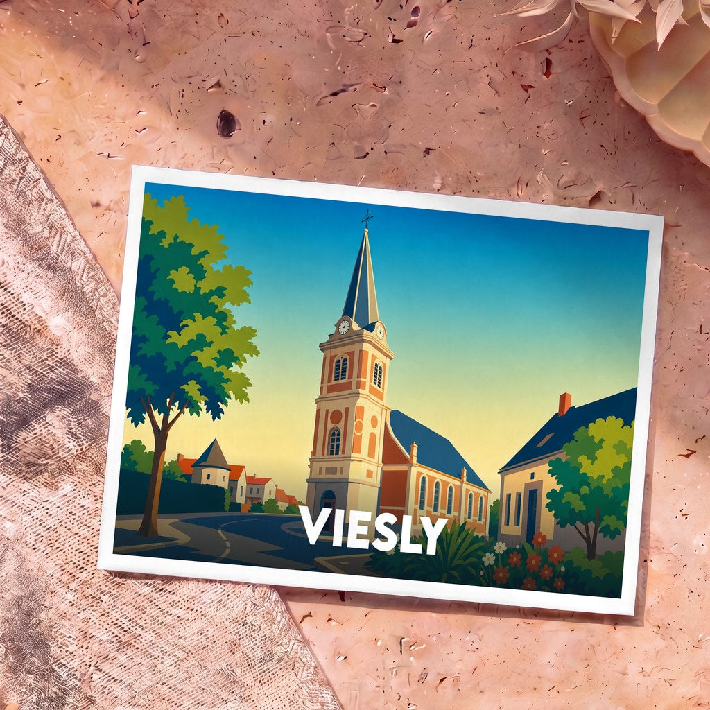 Carte postale souvenir de la ville de Viesly avec une illustration stylisée de son église.