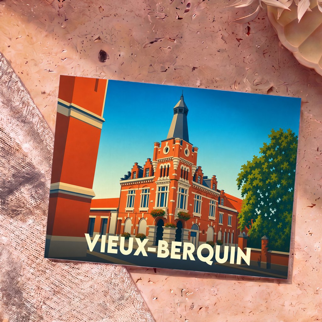 Carte postale souvenir de la ville de Vieux-Berquin avec une illustration stylisée de son hôtel de ville.