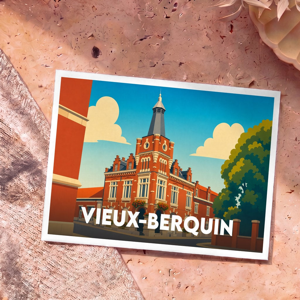 Carte postale souvenir de la ville de Vieux-Berquin avec une illustration stylisée de son hôtel de ville.