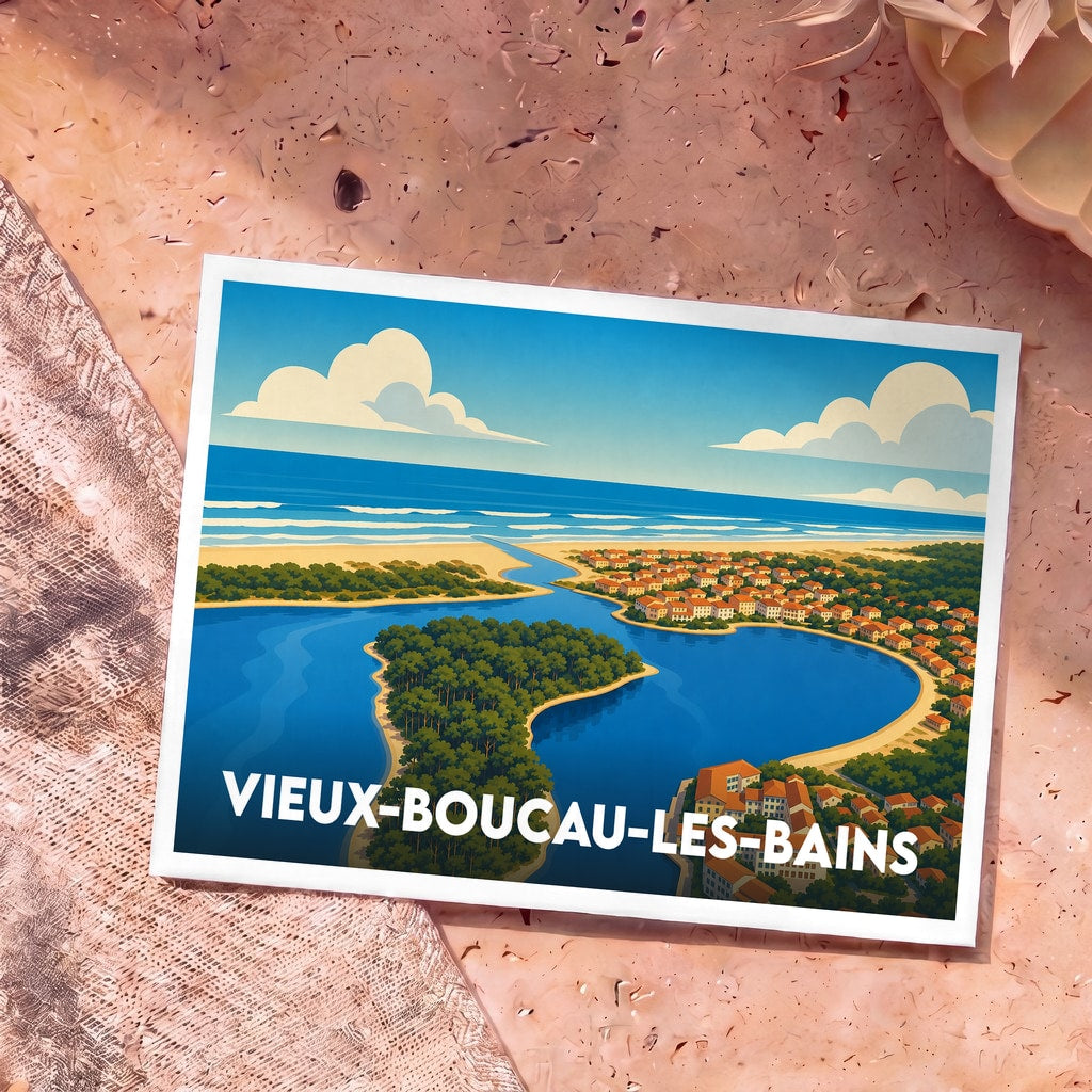 Carte postale souvenir de Vieux-Boucau-les-Bains avec une illustration stylisée vue du ciel de son lac marin et de l'océan.