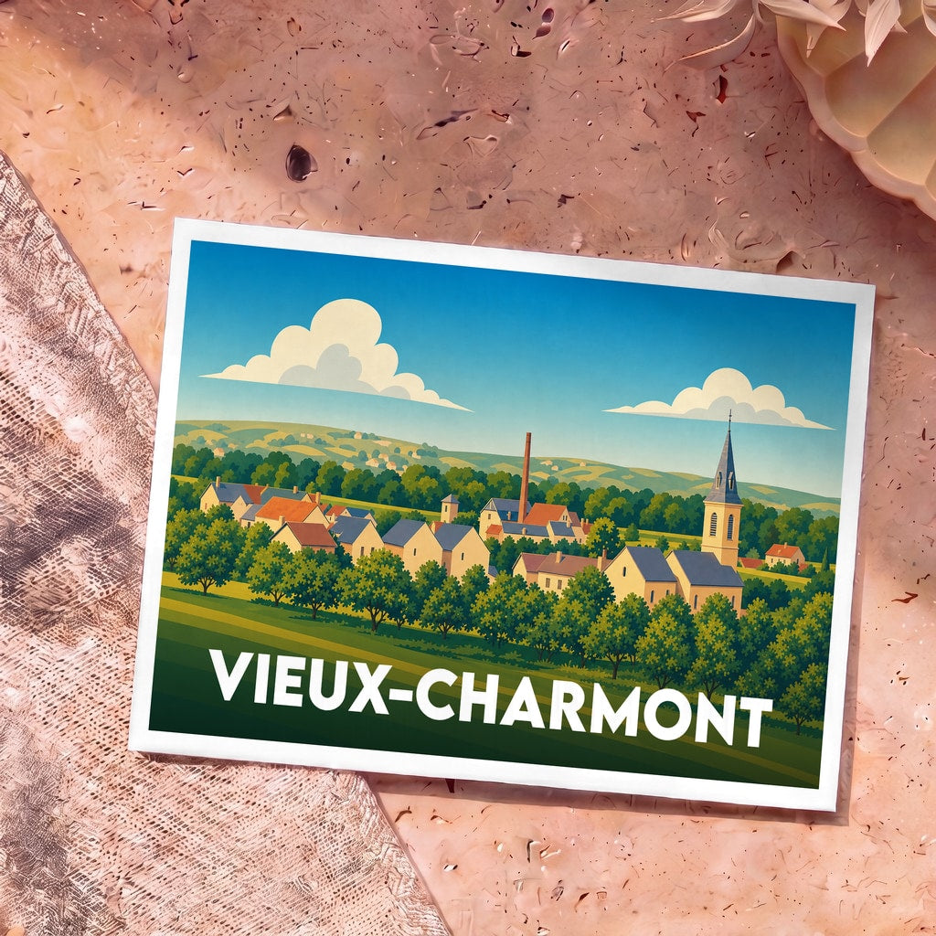 Carte postale souvenir de la ville de Vieux-Charmont avec une illustration stylisée.