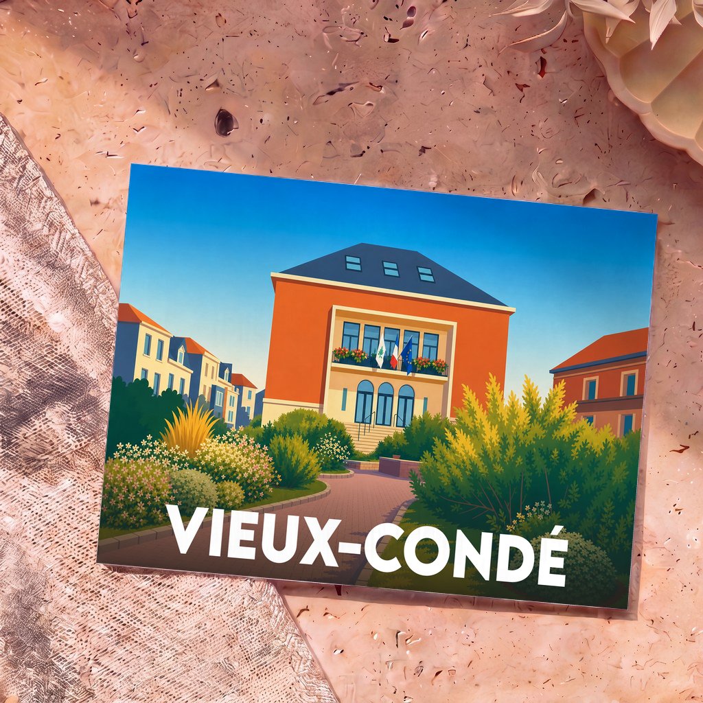 Carte postale souvenir de la ville de Vieux-Condé illustrant l'hôtel de ville dans un style graphique épuré.