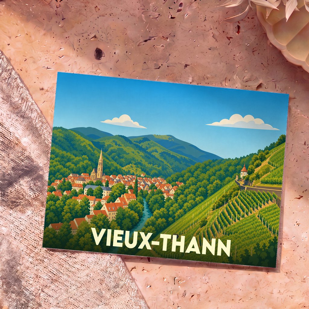 Carte postale souvenir de la ville de Vieux-Thann avec une illustration stylisée de son paysage vallonné et de ses vignobles.