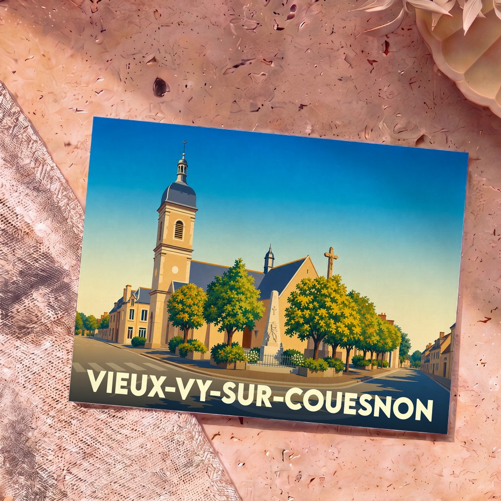 Carte postale souvenir de la ville de Vieux-Vy-sur-Couesnon avec une illustration stylisée de son église et de son monument aux morts.