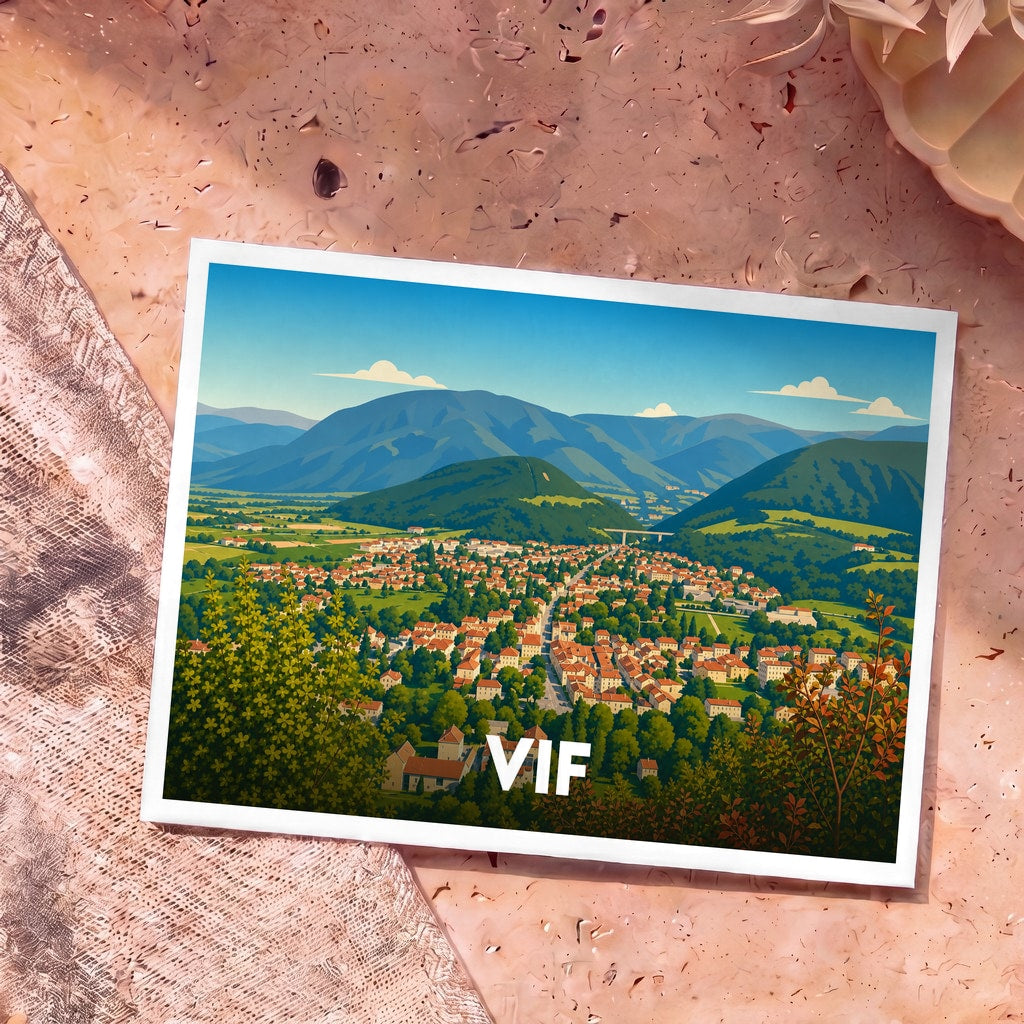 Carte postale souvenir de la ville de Vif illustrant un panorama coloré entre vallée et montagnes.