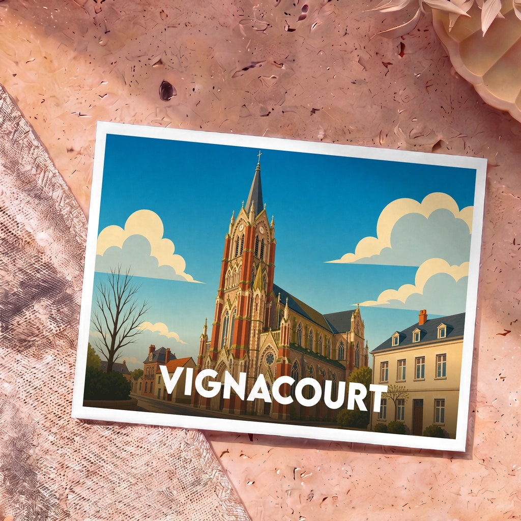 Carte postale souvenir de la ville de Vignacourt avec une illustration stylisée de son église.
