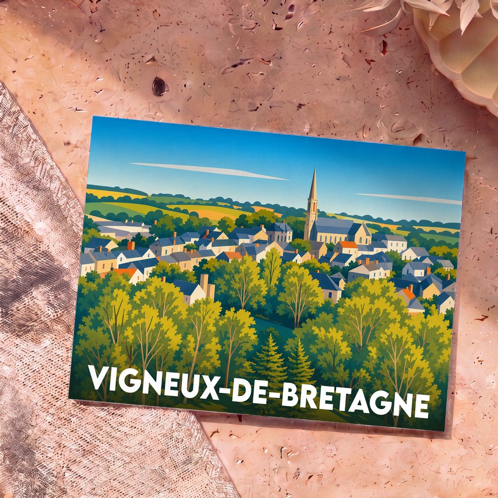 Carte postale souvenir de la ville de Vigneux-de-Bretagne avec une illustration stylisée et colorée de son bourg.