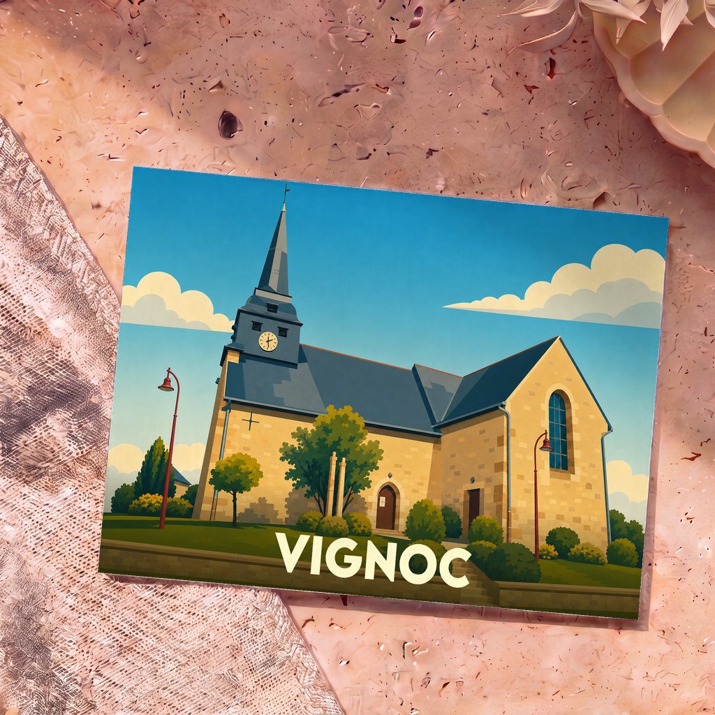 Carte postale souvenir de la ville de Vignoc avec une illustration stylisée de son église sous un ciel bleu.