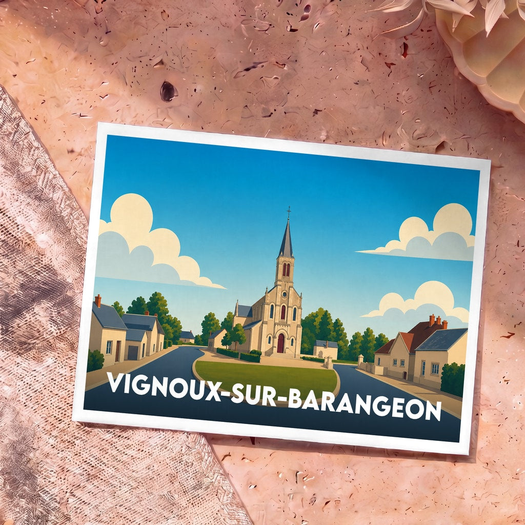 Carte postale souvenir de la ville de Vignoux-sur-Barangeon avec une illustration stylisée d'une église de village.
