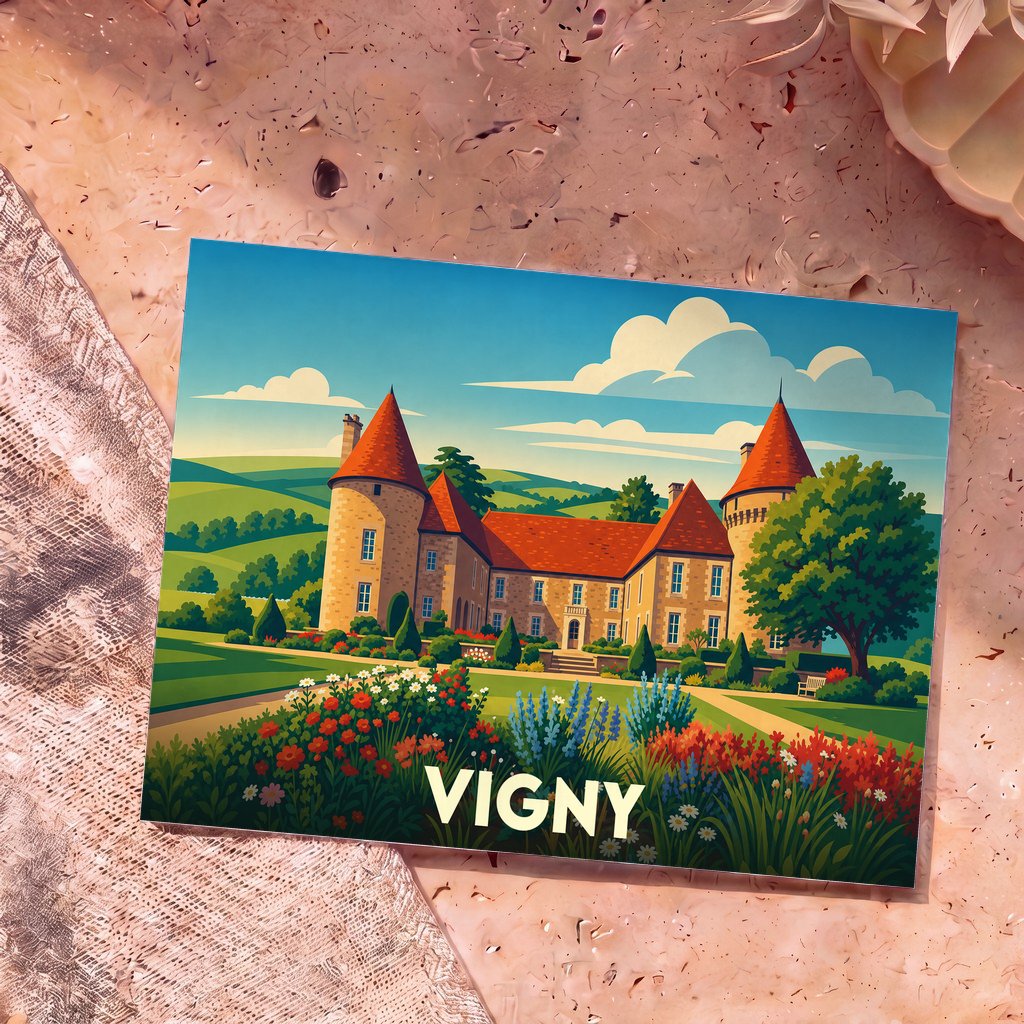 Carte postale souvenir de la ville de Vigny illustrant son château dans un style graphique et coloré.