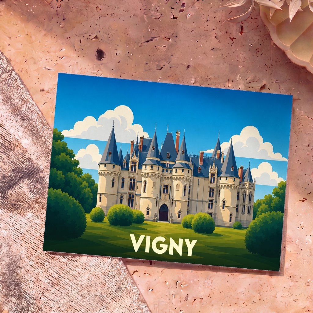 Carte postale souvenir de la ville de Vigny avec une illustration stylisée de son château.