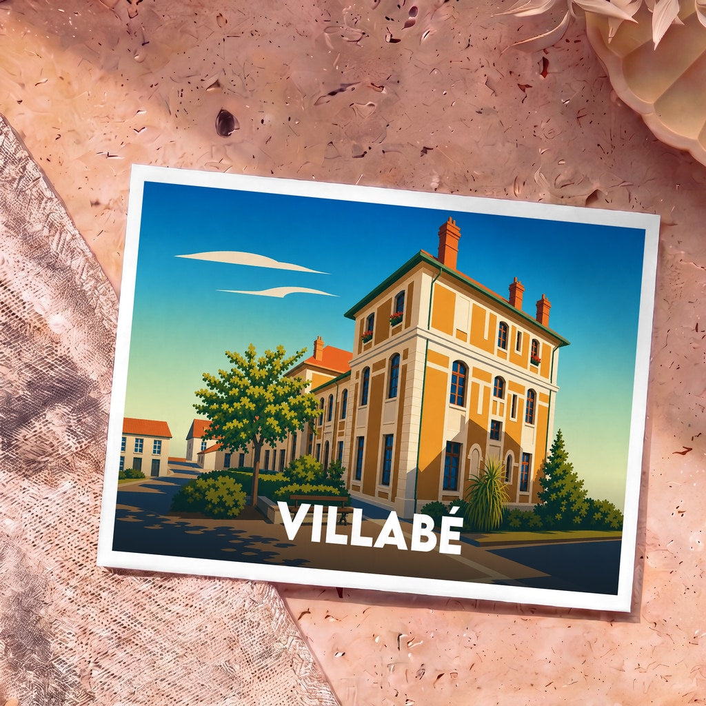 Carte postale souvenir de la ville de Villabé illustrant un bâtiment historique dans un style graphique épuré.